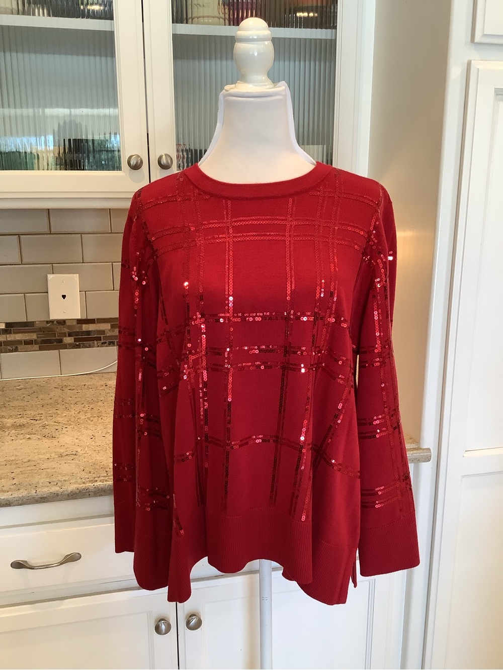 Chico's Red Sequin Plaid Crewneck Sweater Size XL (3)